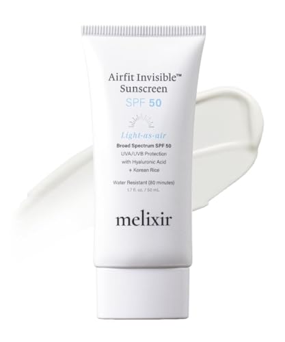 Melixir Airfit Invisible Sunscreen SPF 50, Broad Spectrum Korean Rice Sunscreen for Face, Hyaluronic Acid, Moisturizing Daily Protection for Sensitive Skin, No White Cast, Waterproof (1.7fl.oz./50ml)