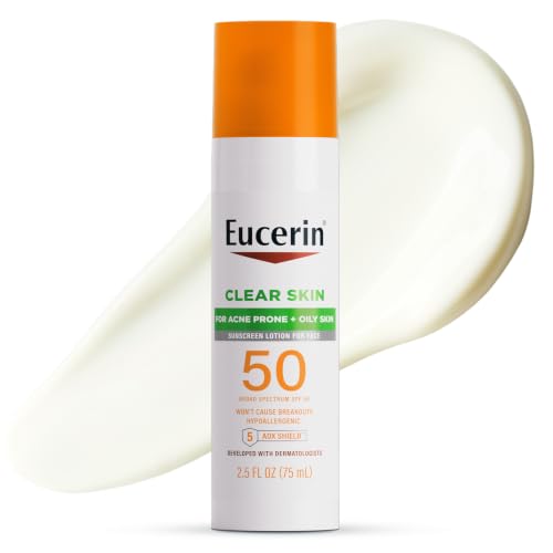 Eucerin Sun Clear Skin Face Sunscreen Lotion SPF 50 for Acne Prone and Oily Skin, Lightweight Sunscreen with Oil-Absorbing Minerals, Won't Cause Breakouts, Hypoallergenic, 2.5 Fl Oz Bottle