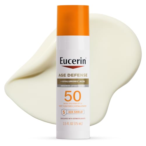 Eucerin Sun Age Defense SPF 50 Face Sunscreen Lotion with Hyaluronic Acid, Hypoallergenic, Non-Comedogenic Sunscreen SPF 50 Free of Fragrance, Oxybenzone and Octinoxate, 2.5 Fl Oz Bottle