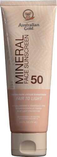 Australian Gold SPF 50 Tinted Mineral Face Sunscreen, Fair to Light, 2.5 fl oz, Broad Spectrum, Non-Greasy BB Cream with Blue Light & Sun Protection, 4% Zinc Oxide & Titanium Dioxide, Hypoallergenic