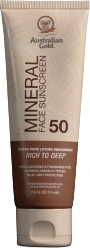 Australian Gold SPF 50 Tinted Mineral Face Sunscreen, Rich to Deep, 2.5 fl oz, Broad Spectrum, Non-Greasy BB Cream with Blue Light & Sun Protection, 4% Zinc Oxide & Titanium Dioxide, Hypoallergenic