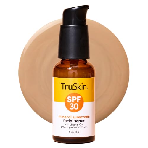 TruSkin Sunscreen Serum for Face - SPF 30 Universal Tinted Mineral Sunscreen Face Serum with Zinc Oxide - Sheer, Lightweight Finish with Vitamin C, Hyaluronic Acid, Ceramides & Niacinamide, 1 fl oz