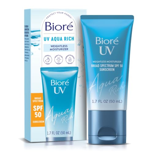 Biore UV Aqua Rich Daily Hydrating Facial Moisturizer with SPF 50 | Oil Free Sunscreen & Primer for Makeup with Hyaluronic Acid, No White Cast, Non-Comedogenic, For Sensitive Skin, PA++++, 1.7 Oz