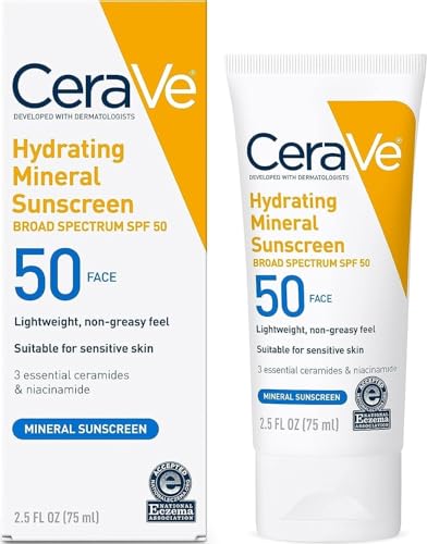 CeraVe 100% Mineral Sunscreen SPF 50, Face sunscreen With Zinc Oxide & Titanium Dioxide, Hyaluronic Acid + Niacinamide + Ceramides, Oil Free, Travel Size 2.5 oz
