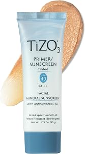 TiZO3 Facial Mineral Sunscreen and Primer, Tinted Broad Spectrum SPF 40 with Antioxidants,